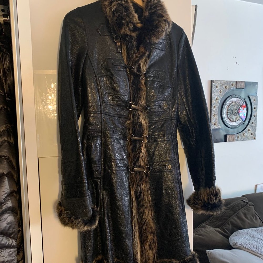 PASHA VENETO BLACK/ BROWN SHEARLING LEATHER FUR LINED TRIM COAT JACKET XS - Picture 2 of 8
